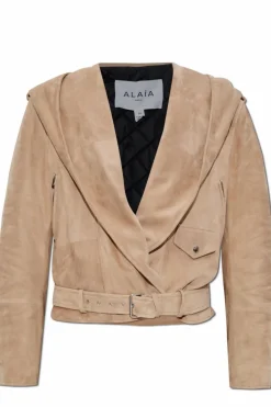 Alaïa beżowy Zamszowa kurtka z kapturem