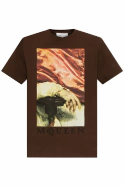 Alexander McQueen BRĄZOWY T-shirt z nadrukiem
