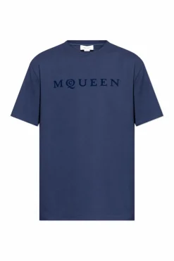 Alexander McQueen GRANATOWY T-shirt z logo o aksamitnym wykończeniu