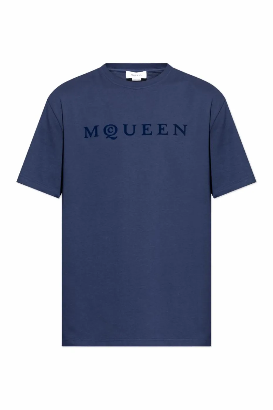 Alexander McQueen GRANATOWY T-shirt z logo o aksamitnym wykończeniu