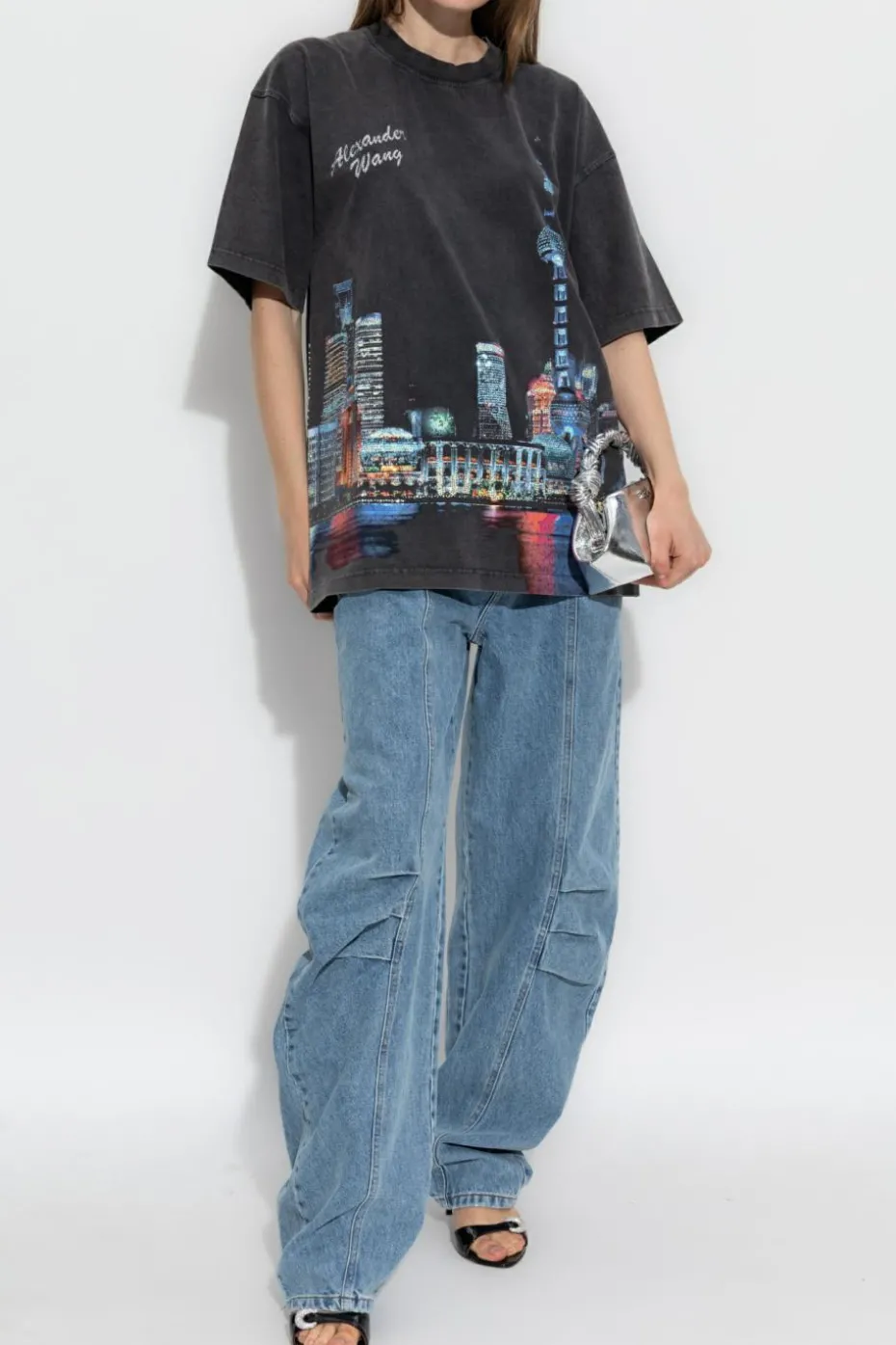 Alexander Wang CZARNY T-shirt z nadrukiem i połyskującymi aplikacjami
