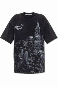 Alexander Wang CZARNY T-shirt z nadrukiem i połyskującymi aplikacjami