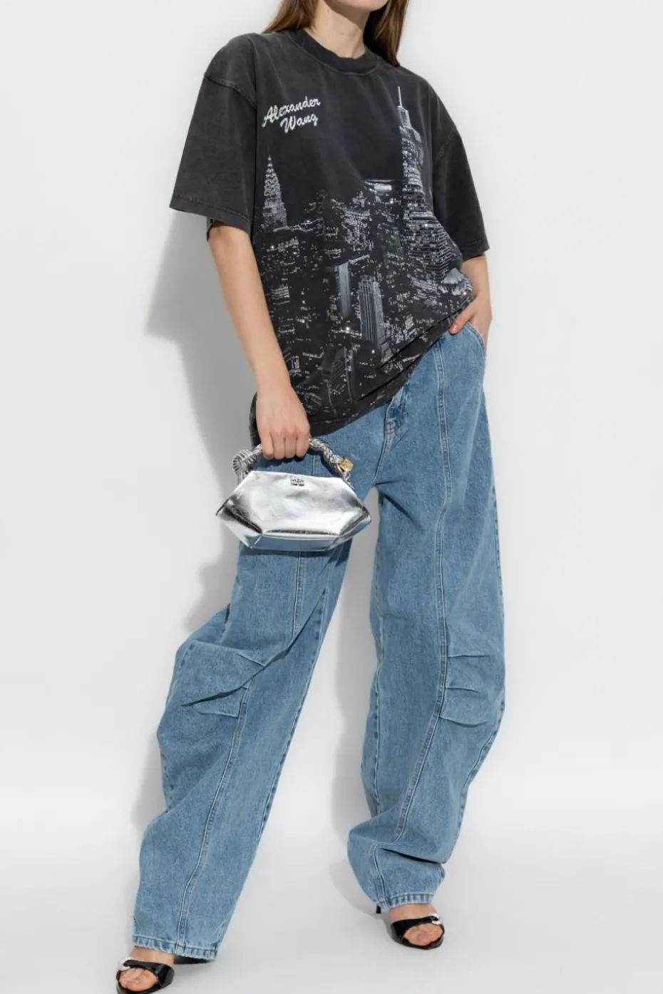 Alexander Wang CZARNY T-shirt z nadrukiem i połyskującymi aplikacjami