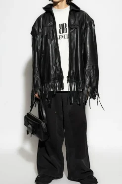 Balenciaga CZARNY Skórzana kurtka z kapturem