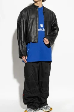 Balenciaga CZARNY Skórzana kurtka ze stójką