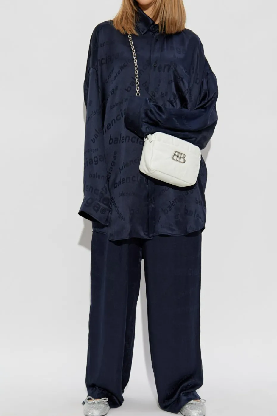 Balenciaga GRANATOWY Jedwabna koszula z logo