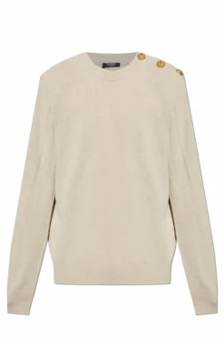 Balmain beżowy Sweter z zapięciem na zatrzaski na ramieniu