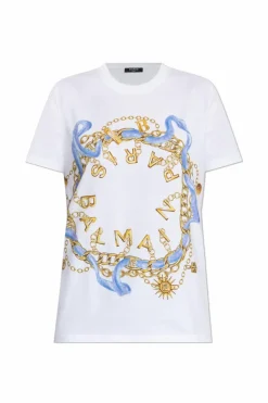 Balmain BIAŁY T-shirt z kolorowym nadrukiem