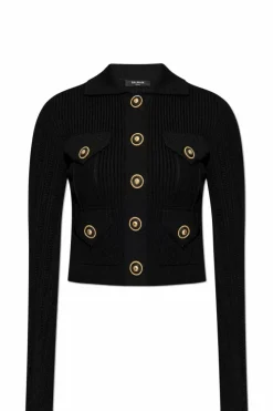 Balmain CZARNY Ażurowy sweter z kołnierzykiem