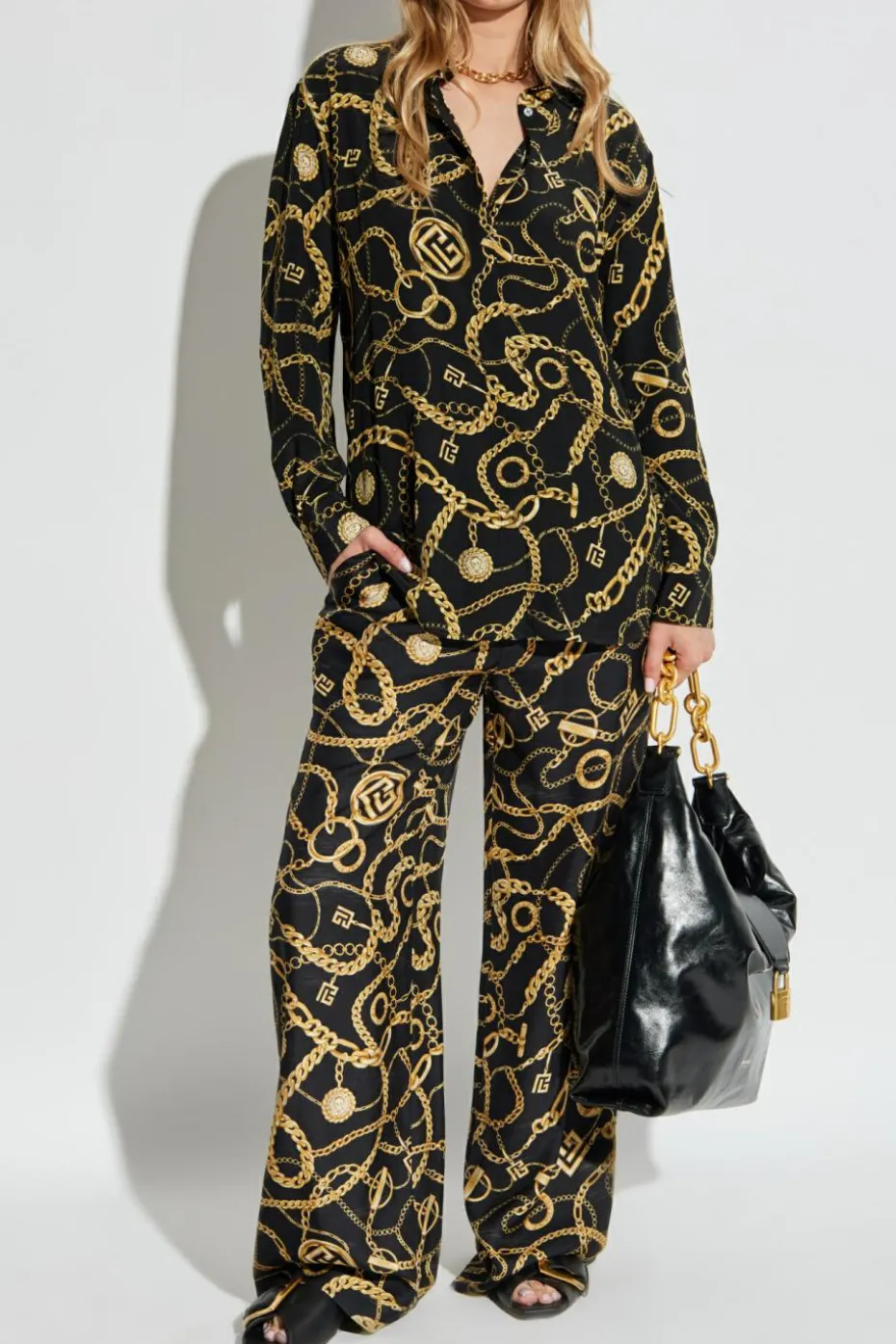 Balmain CZARNY Jedwabne spodnie z nadrukiem