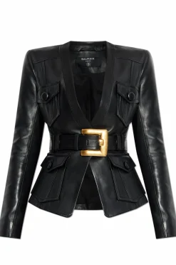 Balmain CZARNY Skórzana kurtka z paskiem
