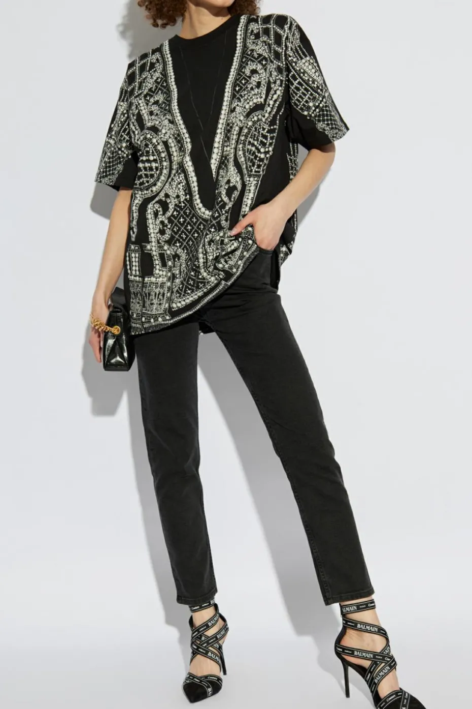 Balmain CZARNY T-shirt typu `oversize` z nadrukiem