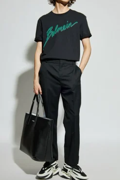 Balmain CZARNY T-shirt z logo o aksamitnym wykończeniu