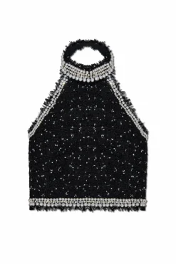 Balmain CZARNY Tweedowy top z połyskującymi aplikacjami
