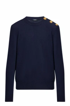 Balmain GRANATOWY Sweter z zapięciem na zatrzaski na ramieniu