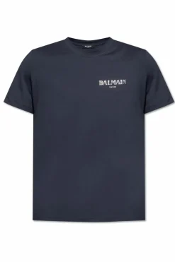 Balmain GRANATOWY T-shirt z nadrukowanym logo