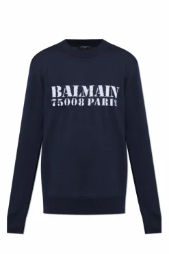 Balmain GRANATOWY Wełniany sweter z logo