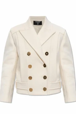 Balmain kremowy Wełniany płaszcz