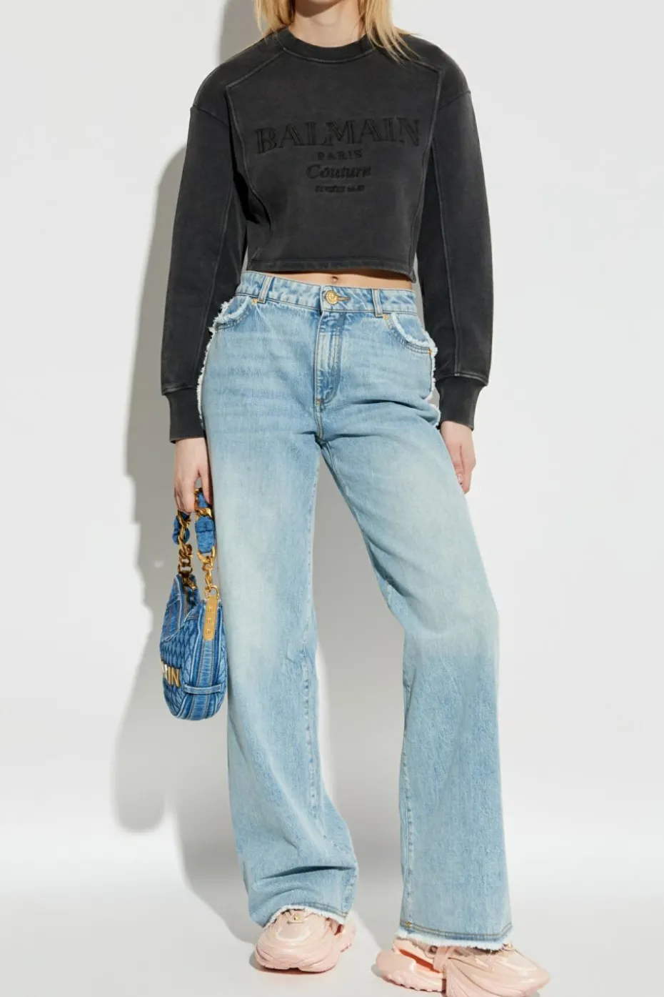 Balmain SZARY Krótka bluza z wyszytym logo