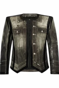 Balmain SZARY Skórzana kurtka z nadrukiem