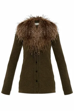 Blumarine BRĄZOWY Kardigan ze strusimi piórami