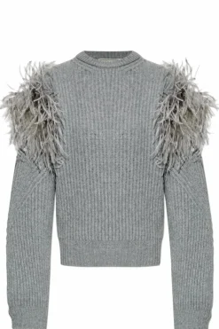 Blumarine SZARY Sweter ze strusimi piórami