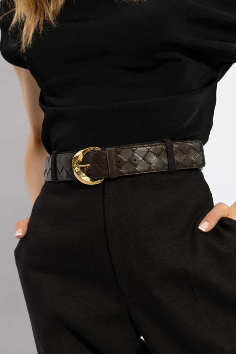 Bottega Veneta BRĄZOWY Pasek z plecionką ‘Intrecciato’