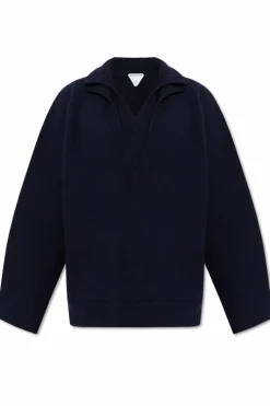 Bottega Veneta GRANATOWY Wełniany sweter z dekoltem w serek