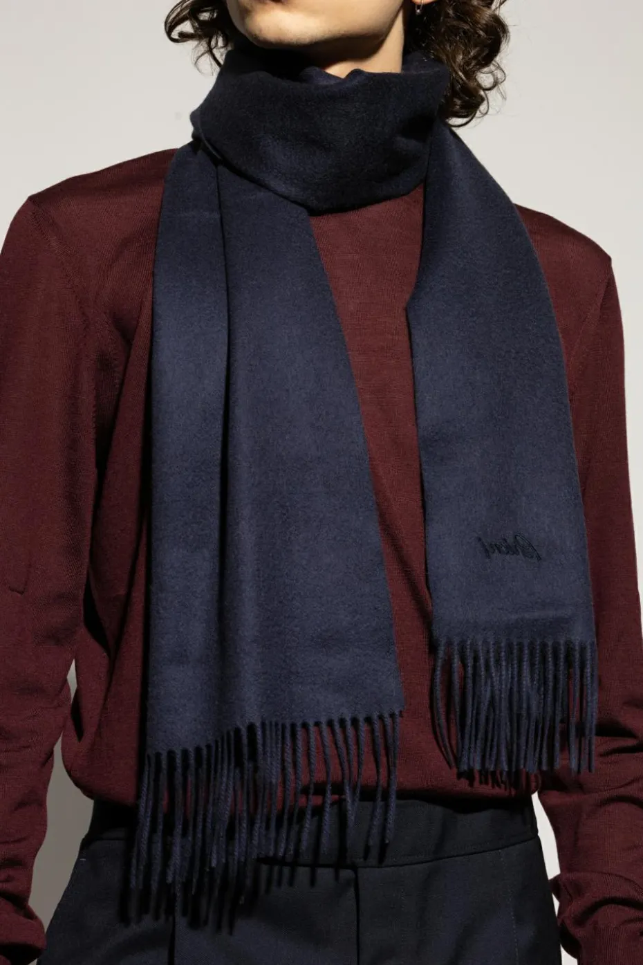 Brioni GRANATOWY Kaszmirowy szal z logo