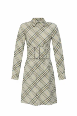 Burberry ZIELONY Lniana sukienka z szerokim pasem