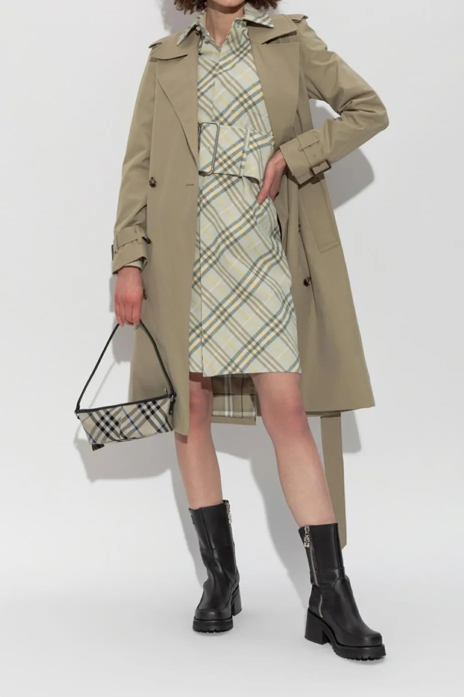 Burberry ZIELONY Lniana sukienka z szerokim pasem
