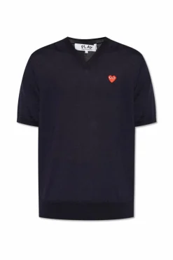 Comme des Garçons Play GRANATOWY Wełniany t-shirt z dekoltem w serek
