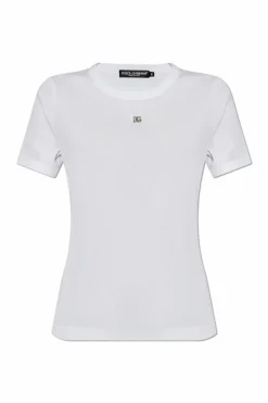 Dolce & Gabbana BIAŁY Prążkowany t-shirt z aplikacją w kształcie logo
