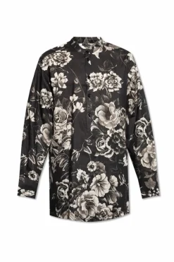 Dolce & Gabbana CZARNY Lniana koszula z motywem kwiatowym