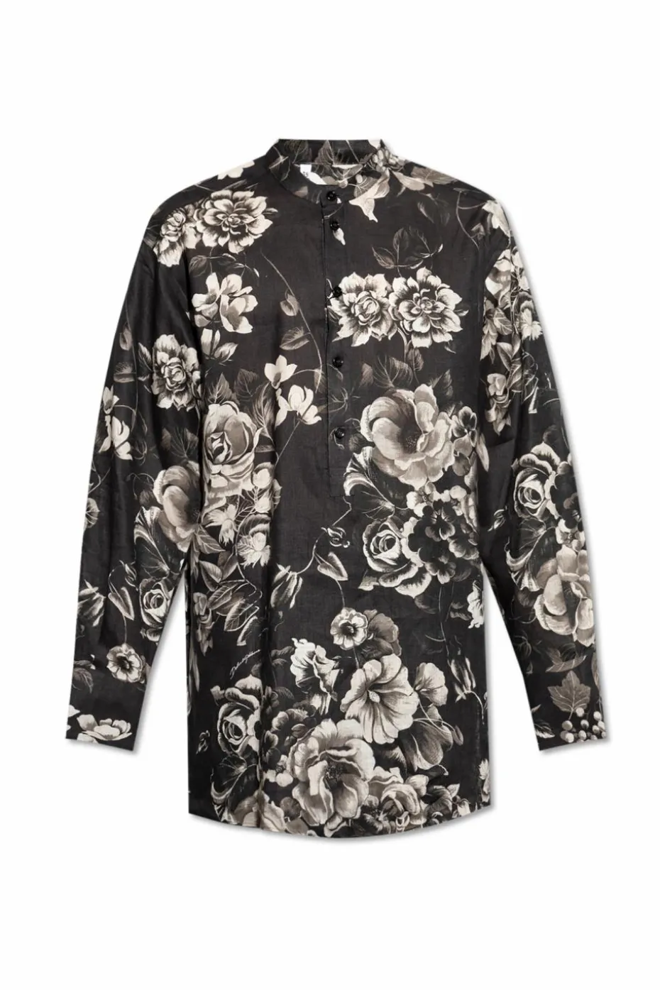 Dolce & Gabbana CZARNY Lniana koszula z motywem kwiatowym