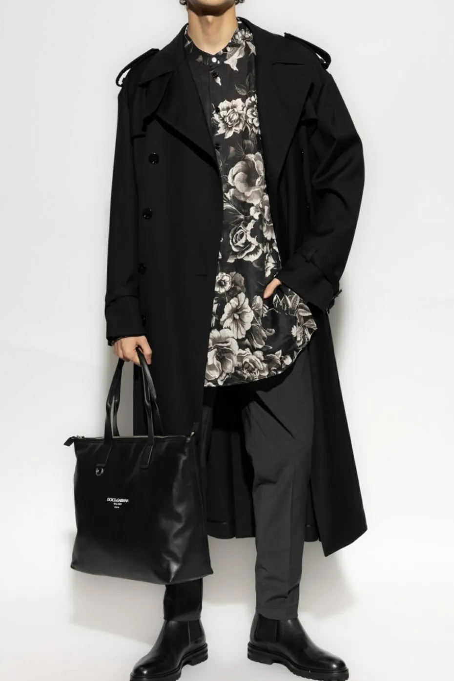 Dolce & Gabbana CZARNY Lniana koszula z motywem kwiatowym