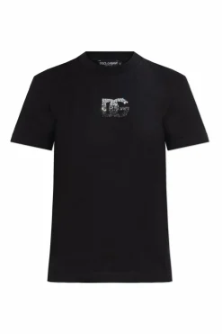 Dolce & Gabbana CZARNY T-shirt z logo wykończonym połyskującymi kryształami