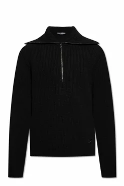 Dolce & Gabbana CZARNY Wełniany sweter z szerokim kołnierzem