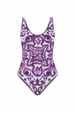 Dolce & Gabbana FIOLETOWY Jednoczęściowy kostium kąpielowy z nadrukiem `Majolica`