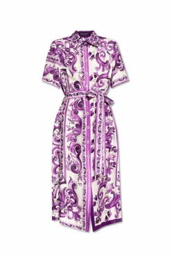 Dolce & Gabbana FIOLETOWY Jedwabna sukienka z nadrukiem `Majolica`