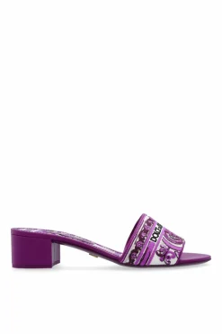Dolce & Gabbana FIOLETOWY Klapki na obcasie ze wzorem `Majolica`
