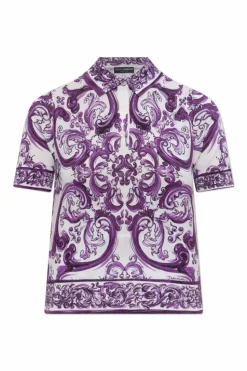 Dolce & Gabbana FIOLETOWY Jedwabne polo z nadrukiem `Majolica`
