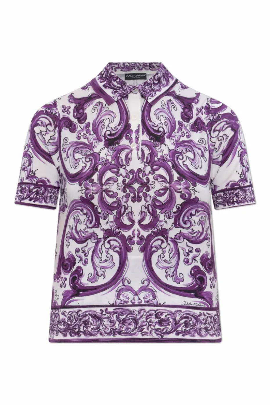Dolce & Gabbana FIOLETOWY Jedwabne polo z nadrukiem `Majolica`