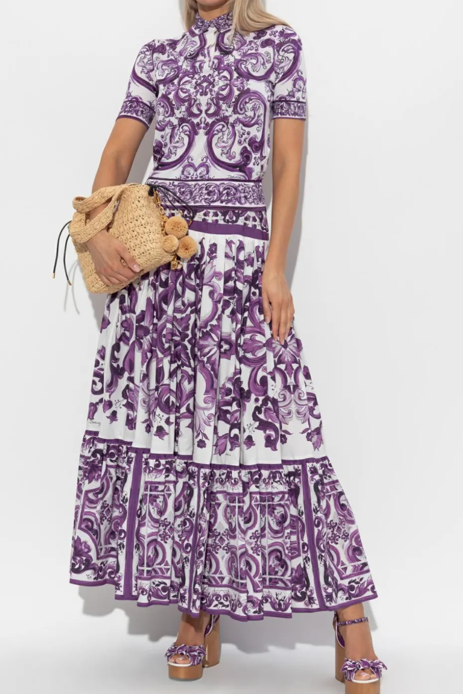 Dolce & Gabbana FIOLETOWY Jedwabne polo z nadrukiem `Majolica`
