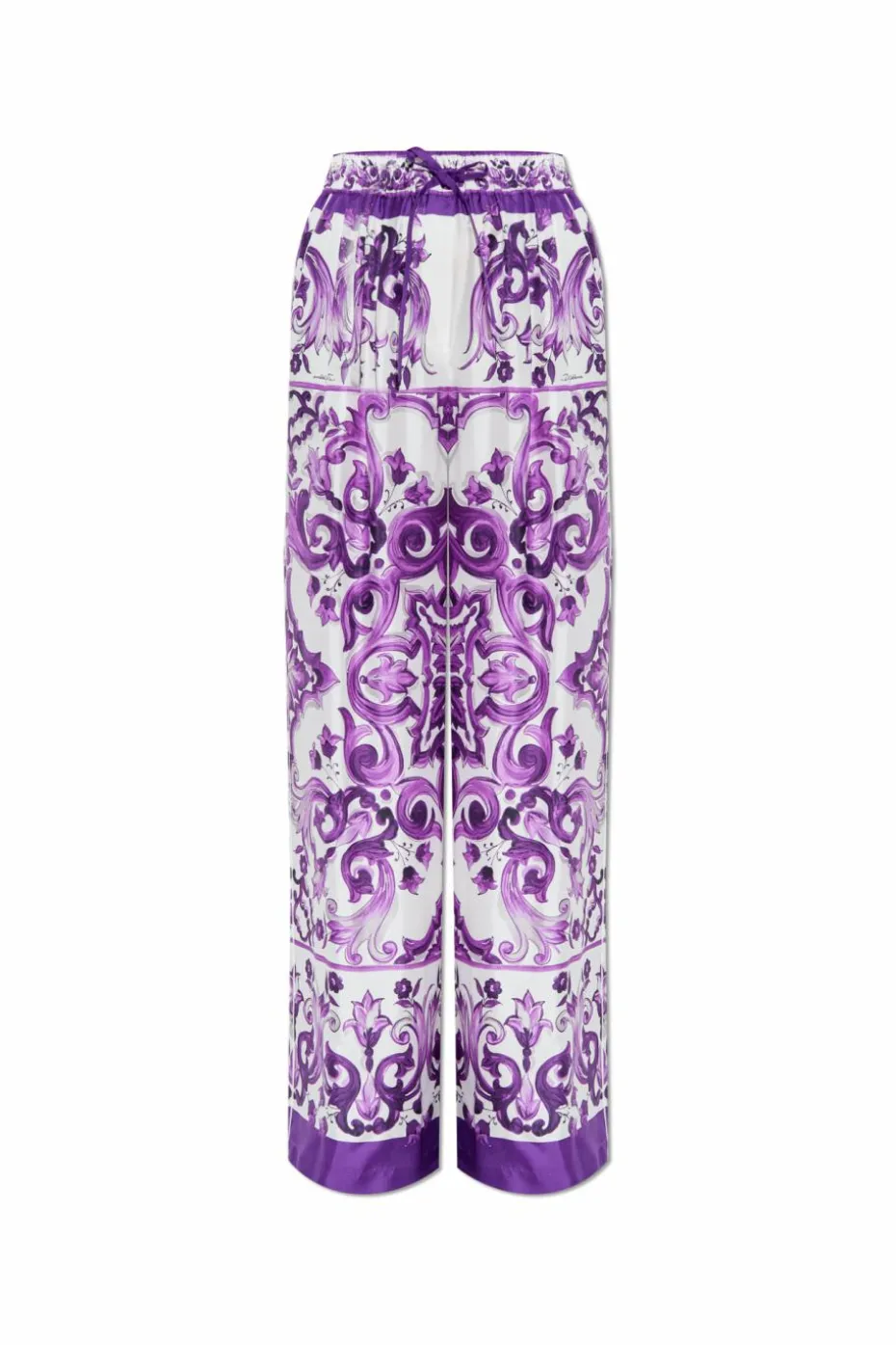 Dolce & Gabbana FIOLETOWY Jedwabne spodnie z nadrukiem `Majolica`