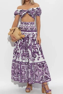 Dolce & Gabbana FIOLETOWY Bawełniana spódnica z nadrukiem `Majolica`