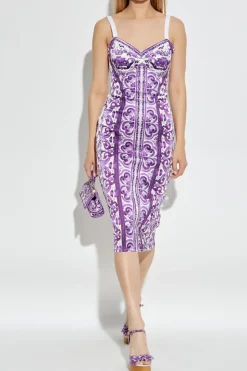 Dolce & Gabbana FIOLETOWY Sukienka z nadrukiem `Majolica`