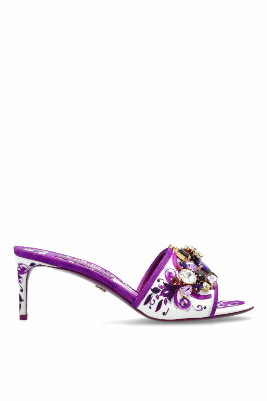 Dolce & Gabbana FIOLETOWY Klapki na obcasie z nadrukiem `Majolica`