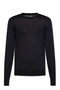 Dolce & Gabbana GRANATOWY Jedwabny sweter z wyszytym logo