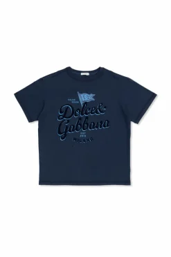 Dolce & Gabbana Kids GRANATOWY T-shirt z wypukłym logo